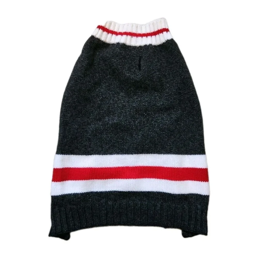 Knit Gray Red White Stripe Lightweight Dog Sweater Soft Warm Cozy Pet Sz S EUC